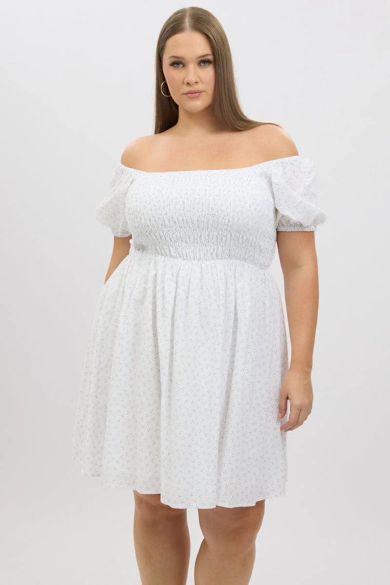 White Ditsy Shirred Minidress - Image 3