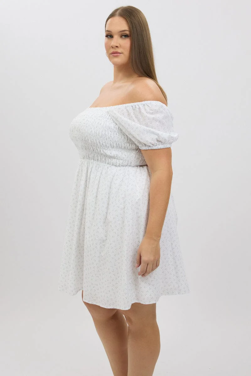 White Ditsy Shirred Minidress - Image 4