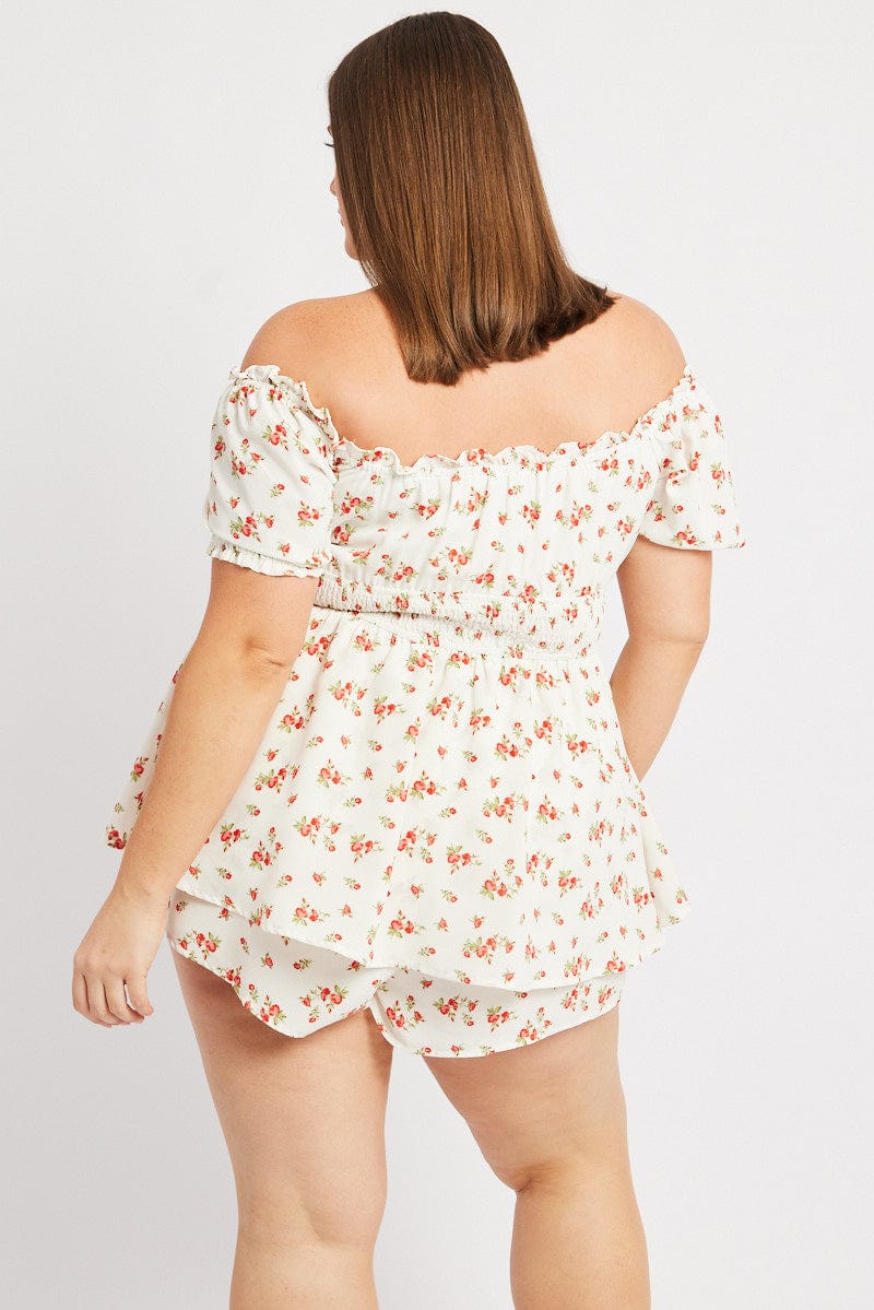 White Ditsy Shirred Playsuit Short Sleeve - Image 5
