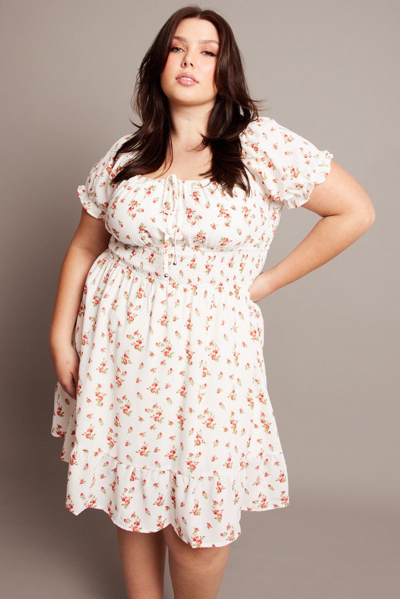 White Ditsy Shirred Waist Scoop Neck Flare Minidress - Image 2