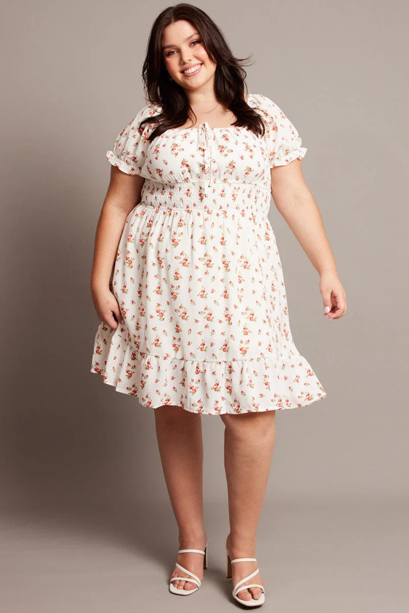 White Ditsy Shirred Waist Scoop Neck Flare Minidress - Image 3