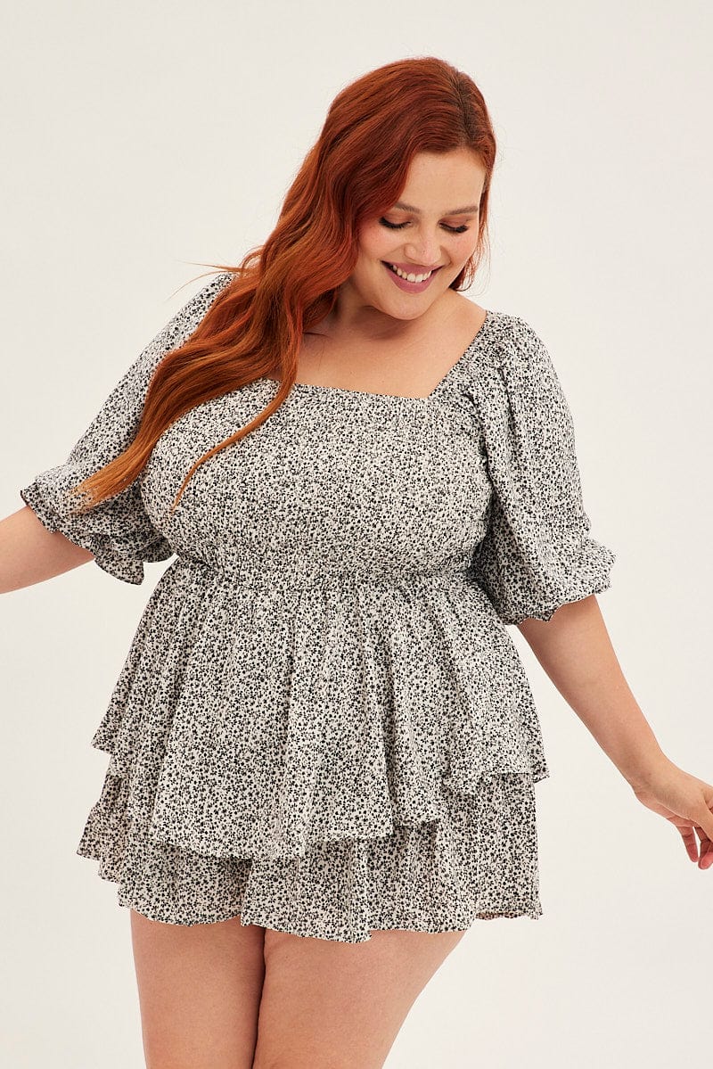 White Ditsy Short Playsuit Puff Sleeve Double Layer - Image 3