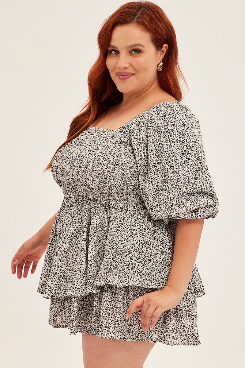 White Ditsy Short Playsuit Puff Sleeve Double Layer - Image 4