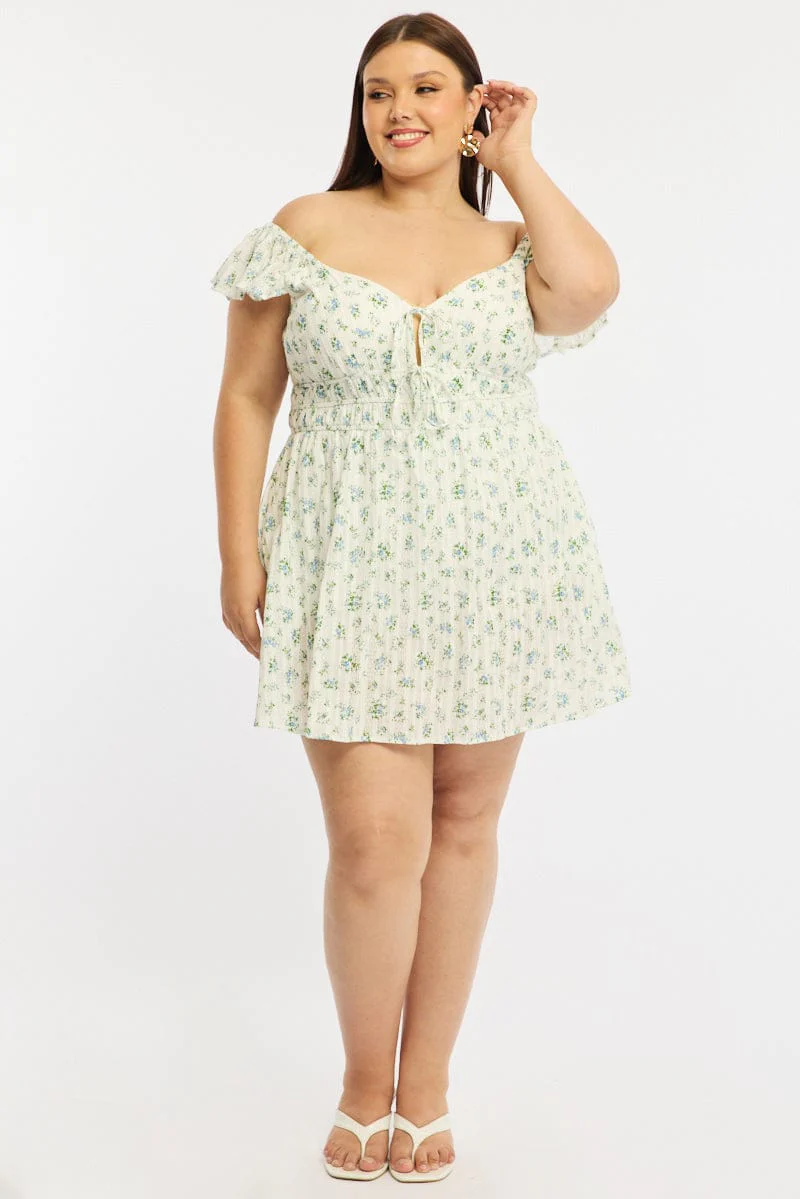 White Ditsy Skater Dress Short Sleeve Cotton Textured - Image 2