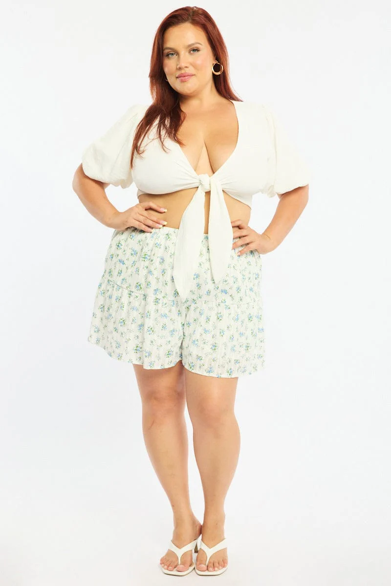 White Ditsy Skorts Elastic Waist