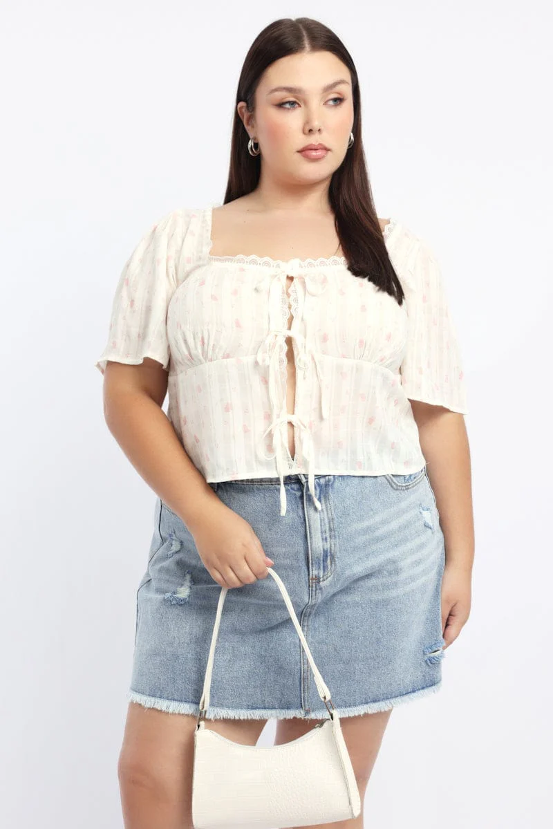 White Ditsy Tie Front Top Short Sleeve Lace Trim
