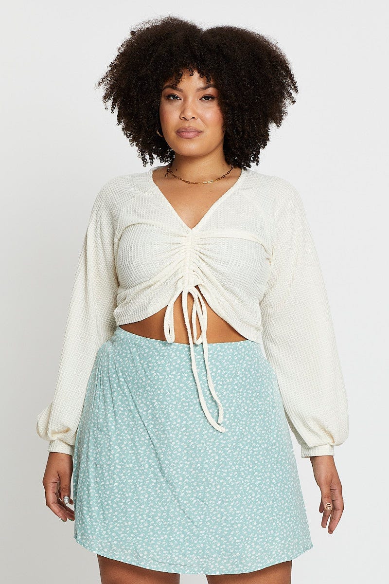 White Drawstring Textured Top