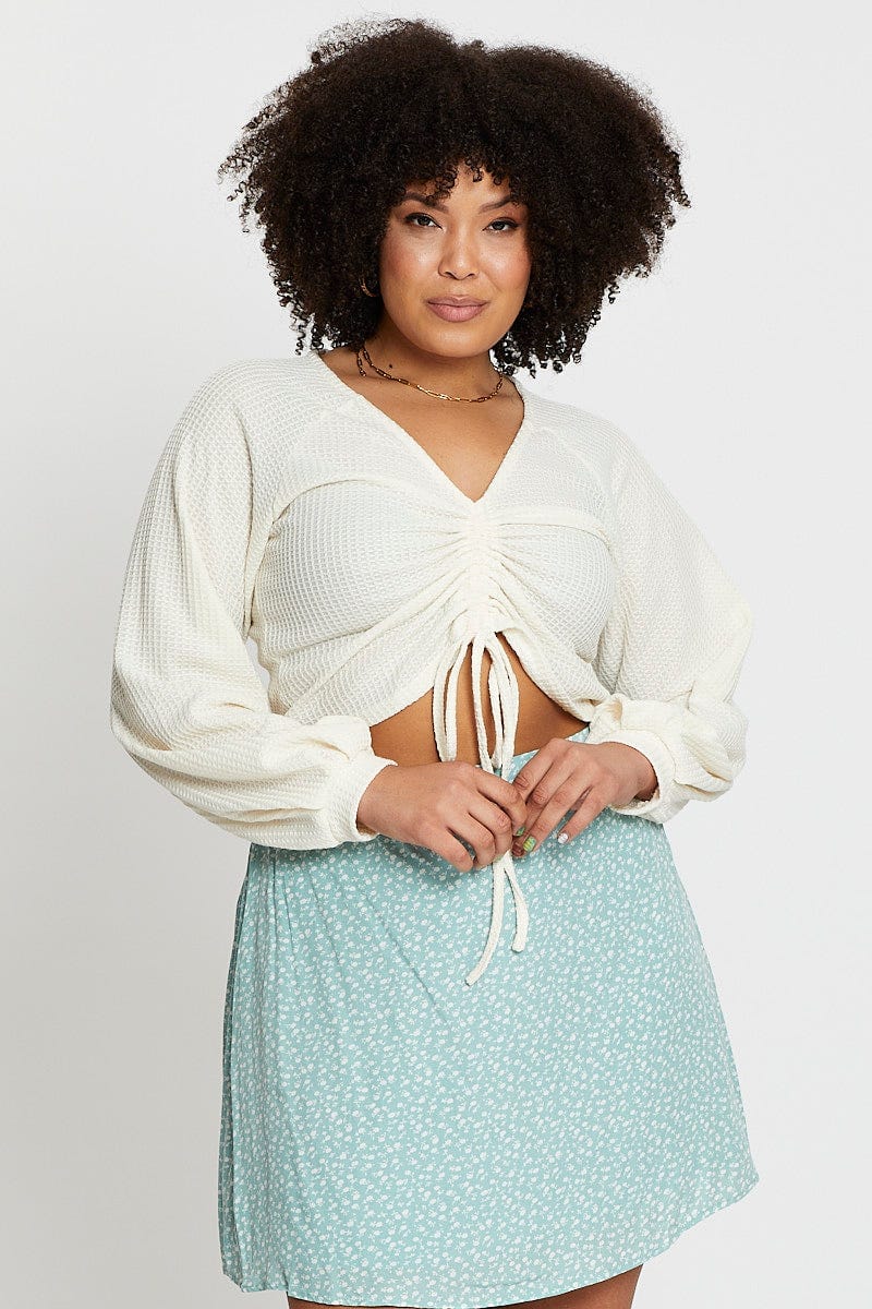 White Drawstring Textured Top - Image 3