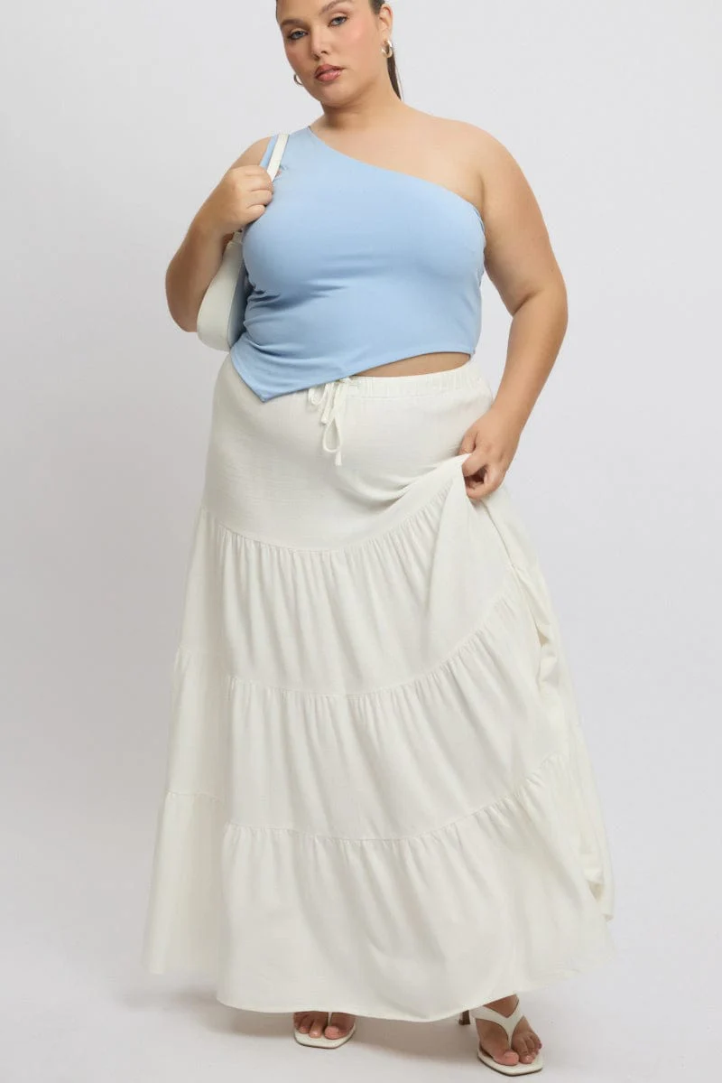 White Elastic Waist Tiered Linen Blend Maxiskirt - Image 2