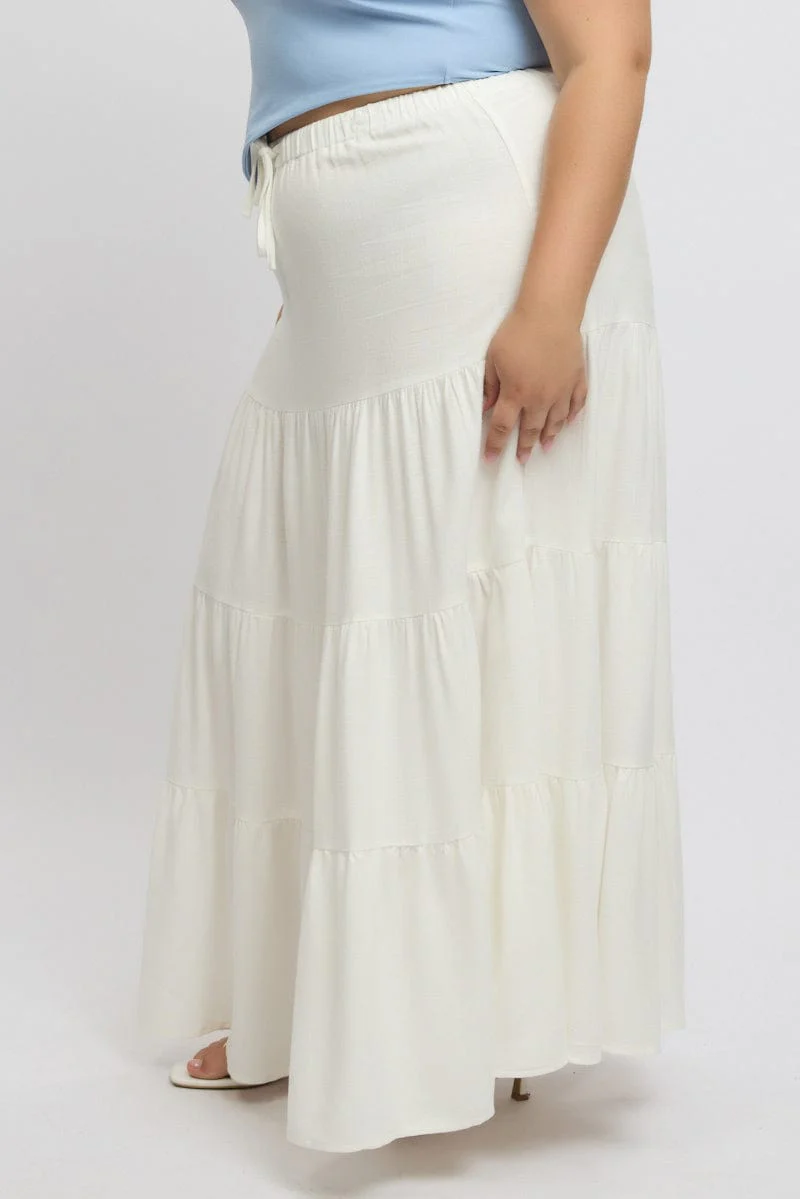 White Elastic Waist Tiered Linen Blend Maxiskirt - Image 5