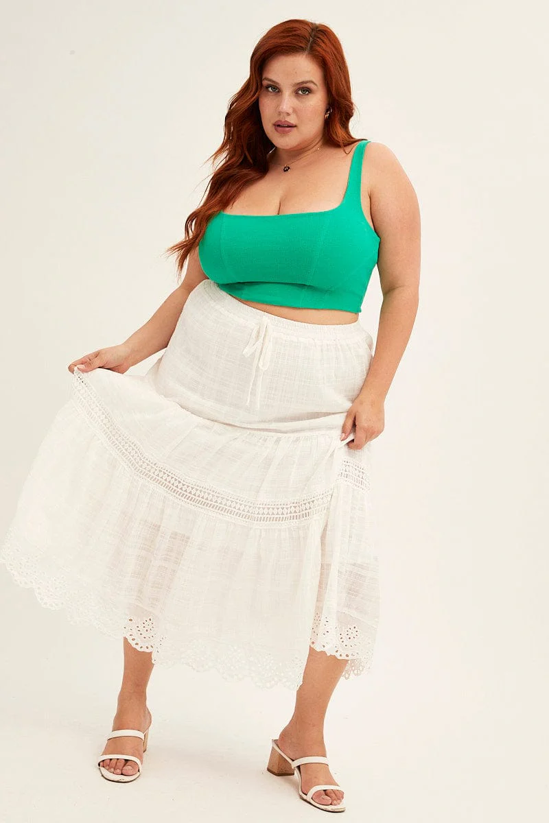 White Elastic Waist White Lace Trim Maxi Skirt - Image 2