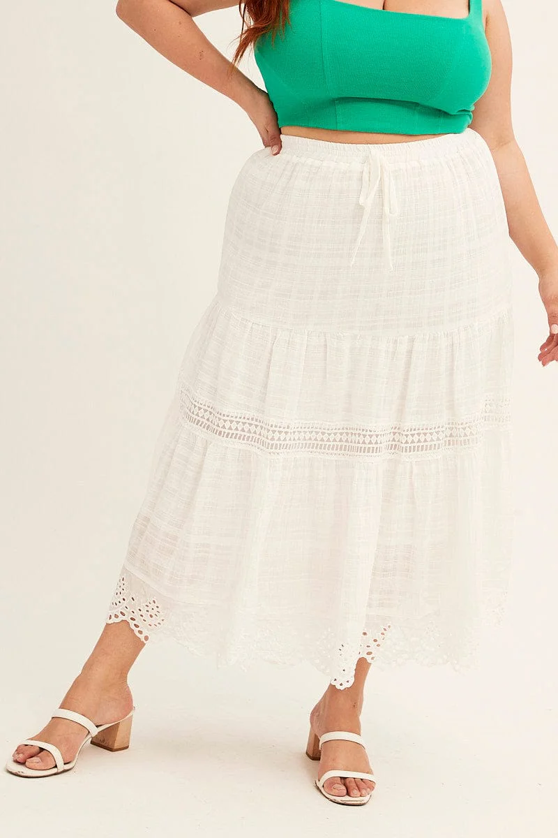 White Elastic Waist White Lace Trim Maxi Skirt - Image 3