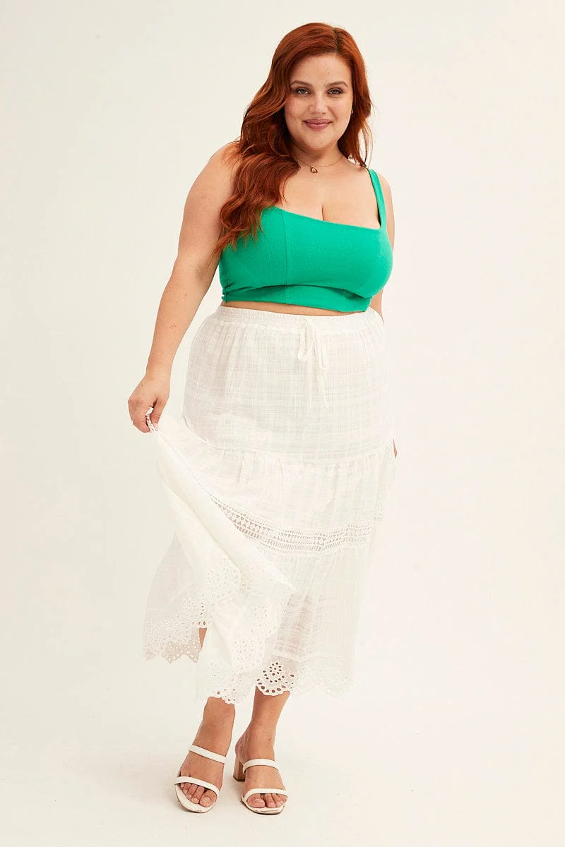 White Elastic Waist White Lace Trim Maxi Skirt - Image 4