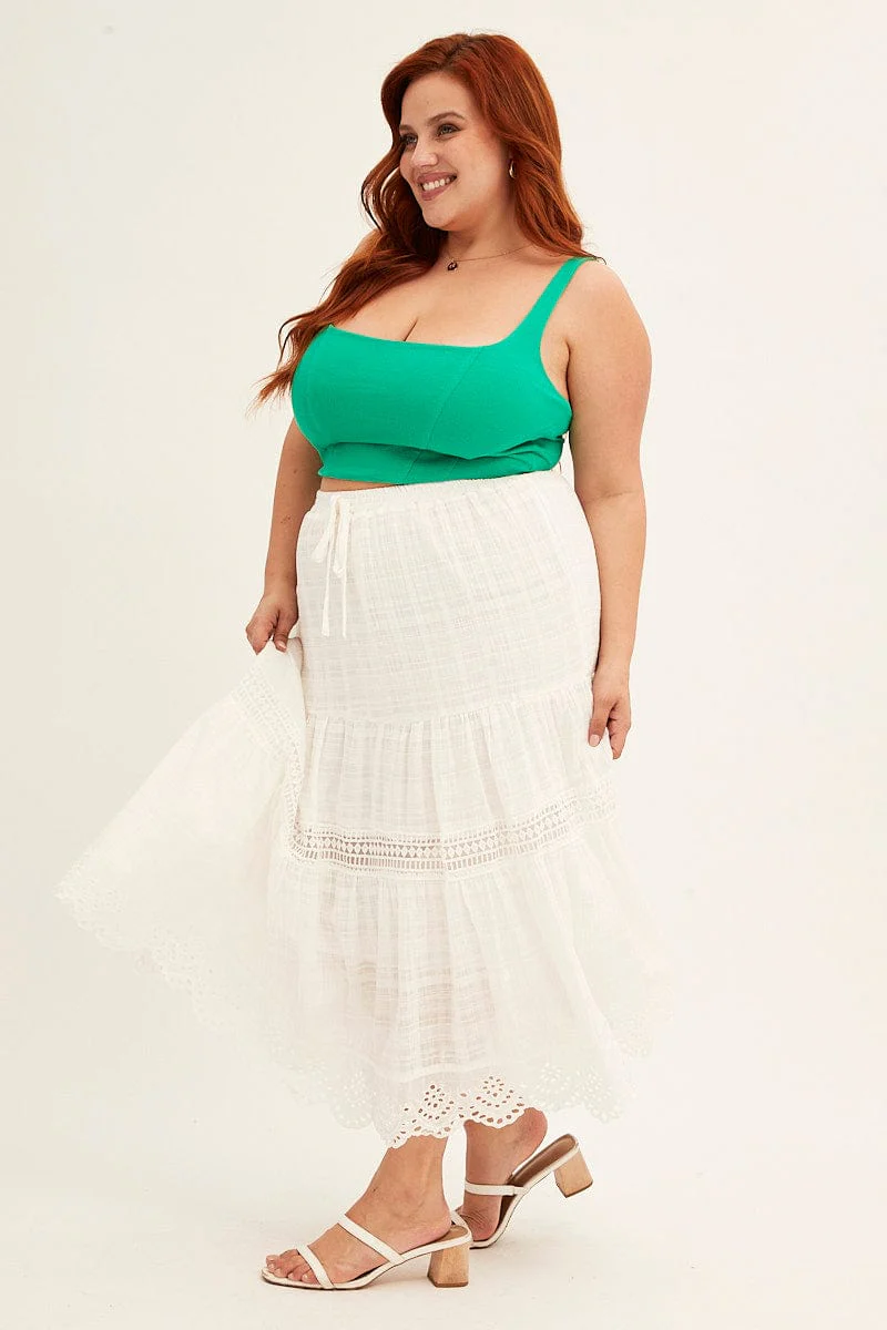 White Elastic Waist White Lace Trim Maxi Skirt - Image 5
