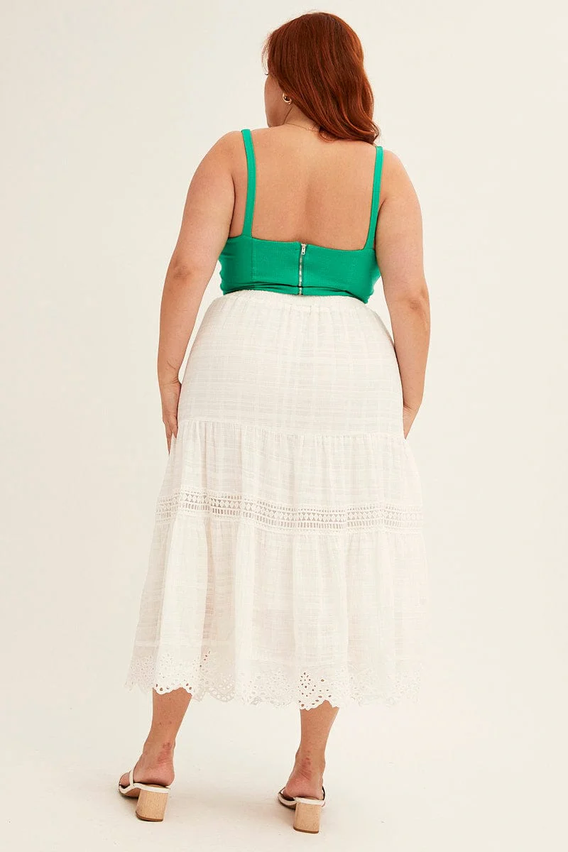 White Elastic Waist White Lace Trim Maxi Skirt - Image 6