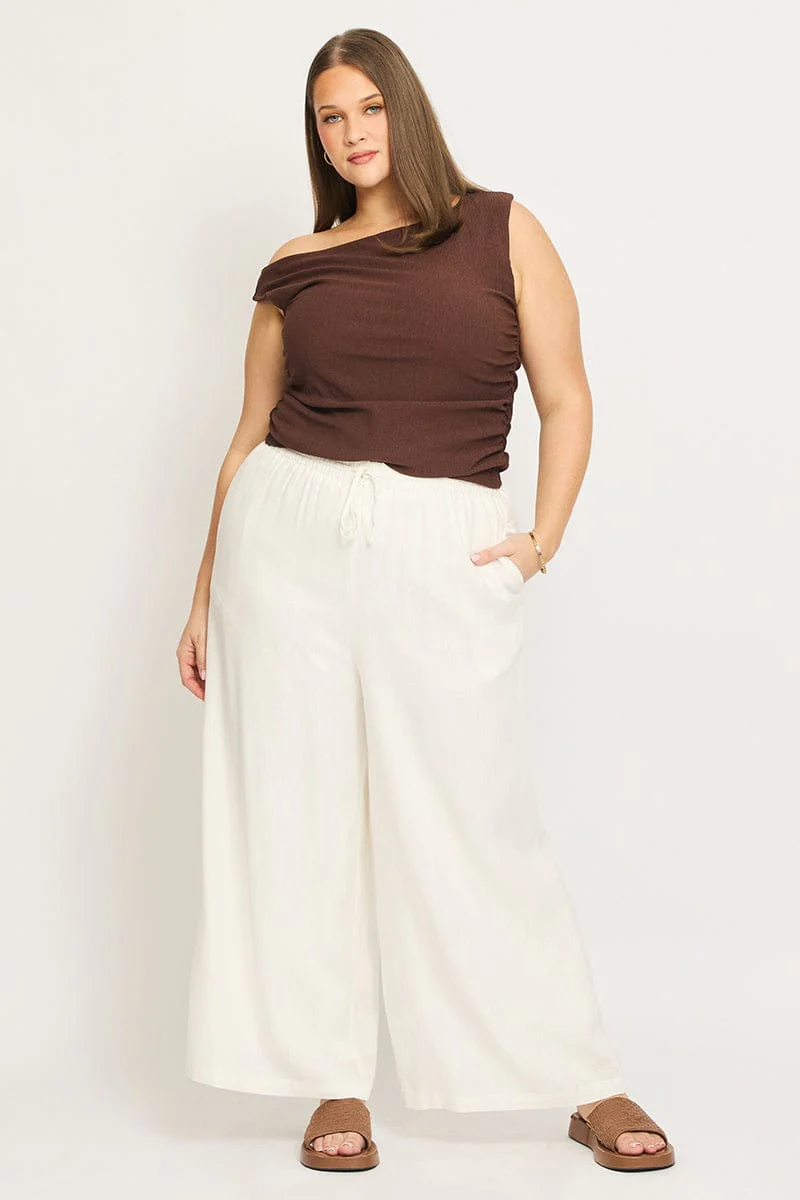 White Elastic Waist Wide Leg Linen Viscose Pants