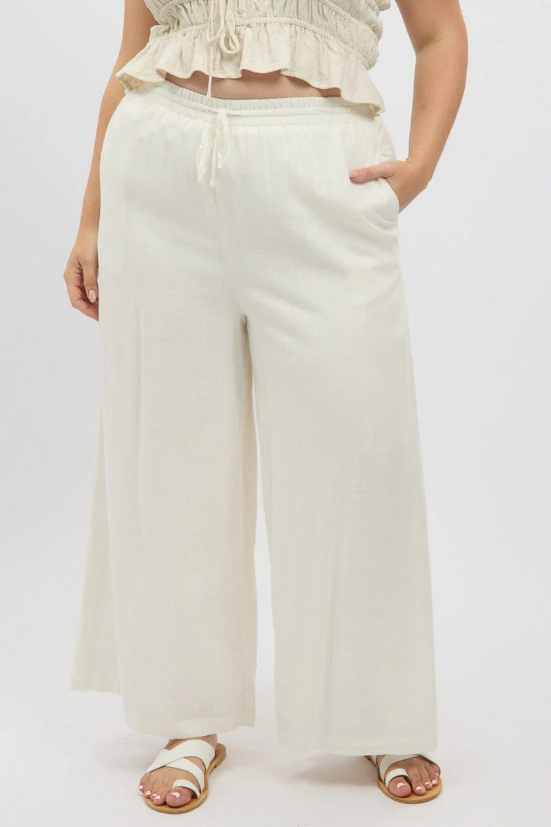 White Elastic Waist Wide Leg Linen Viscose Pants - Image 2