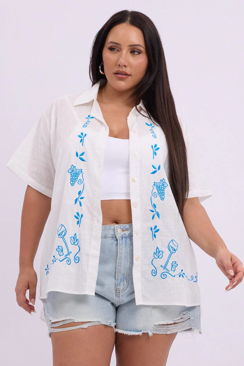 White Embroidery Shirt Short Sleeve Linen Blend - Image 3