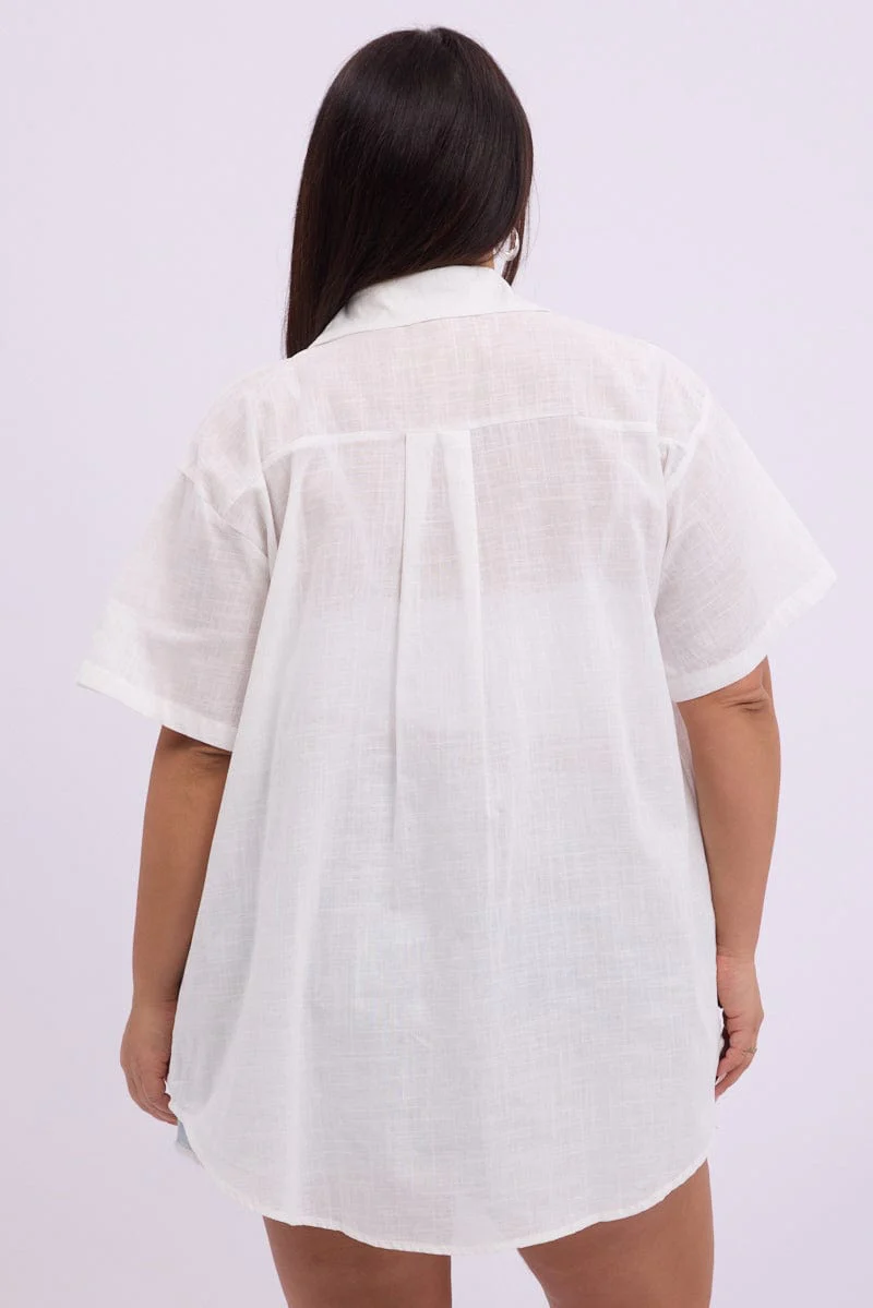 White Embroidery Shirt Short Sleeve Linen Blend - Image 5