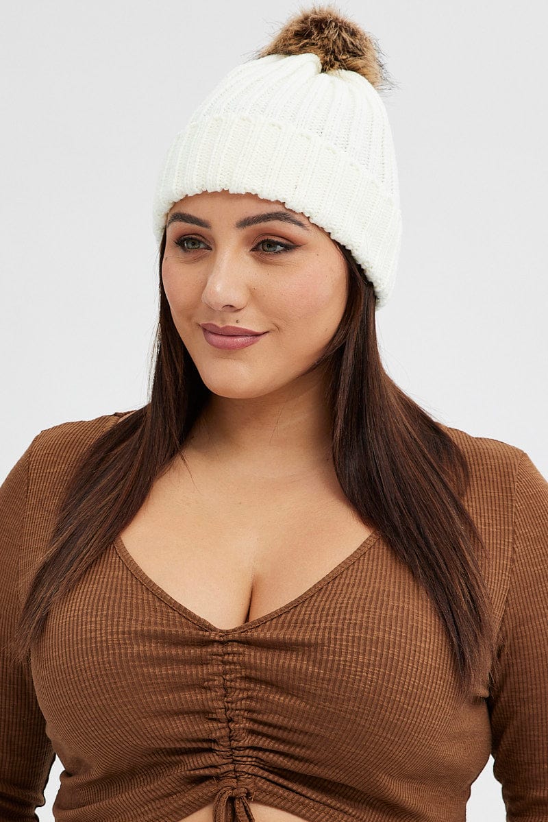 White Faux Fur Pom Pom Beanie - Image 2