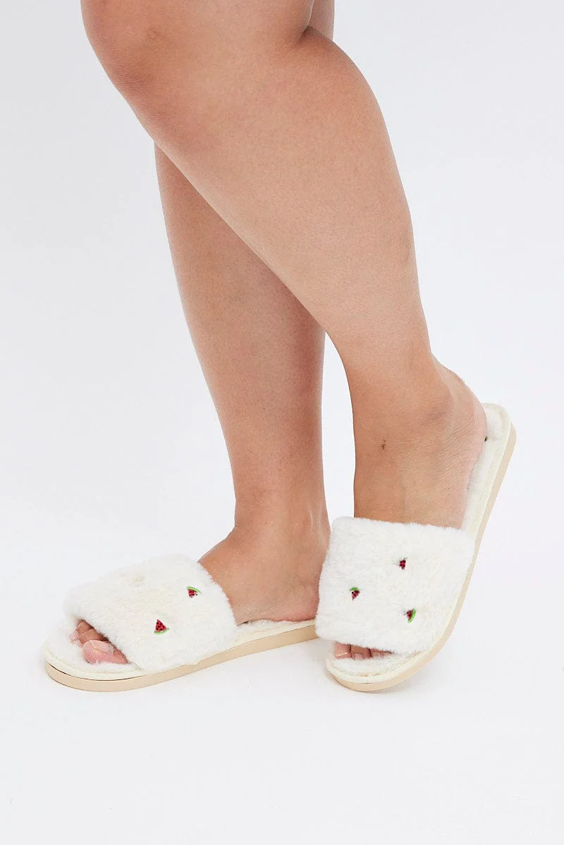White Faux Fur Slippers - Image 2