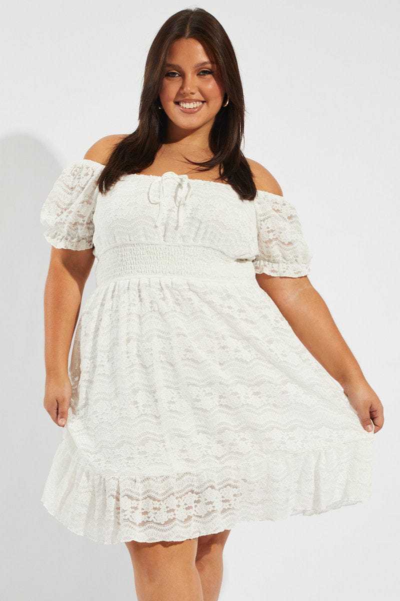 White Fit And Flare Dress Short Sleeve Lace - Image 2