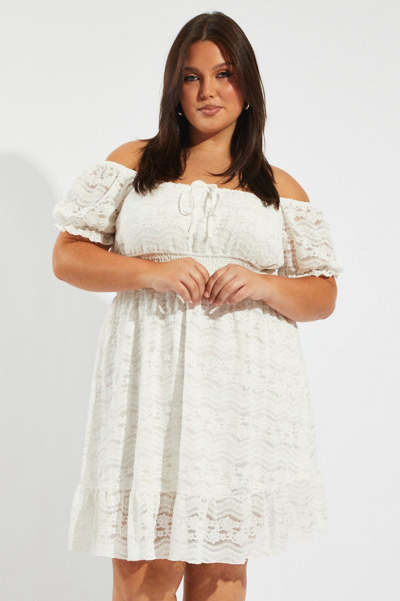 White Fit And Flare Dress Short Sleeve Lace - Image 3