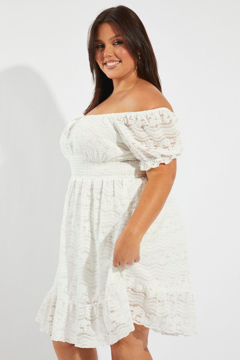 White Fit And Flare Dress Short Sleeve Lace - Image 4
