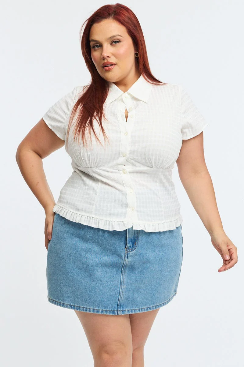 White Fitted Shirt Short Sleeve Shirred Back