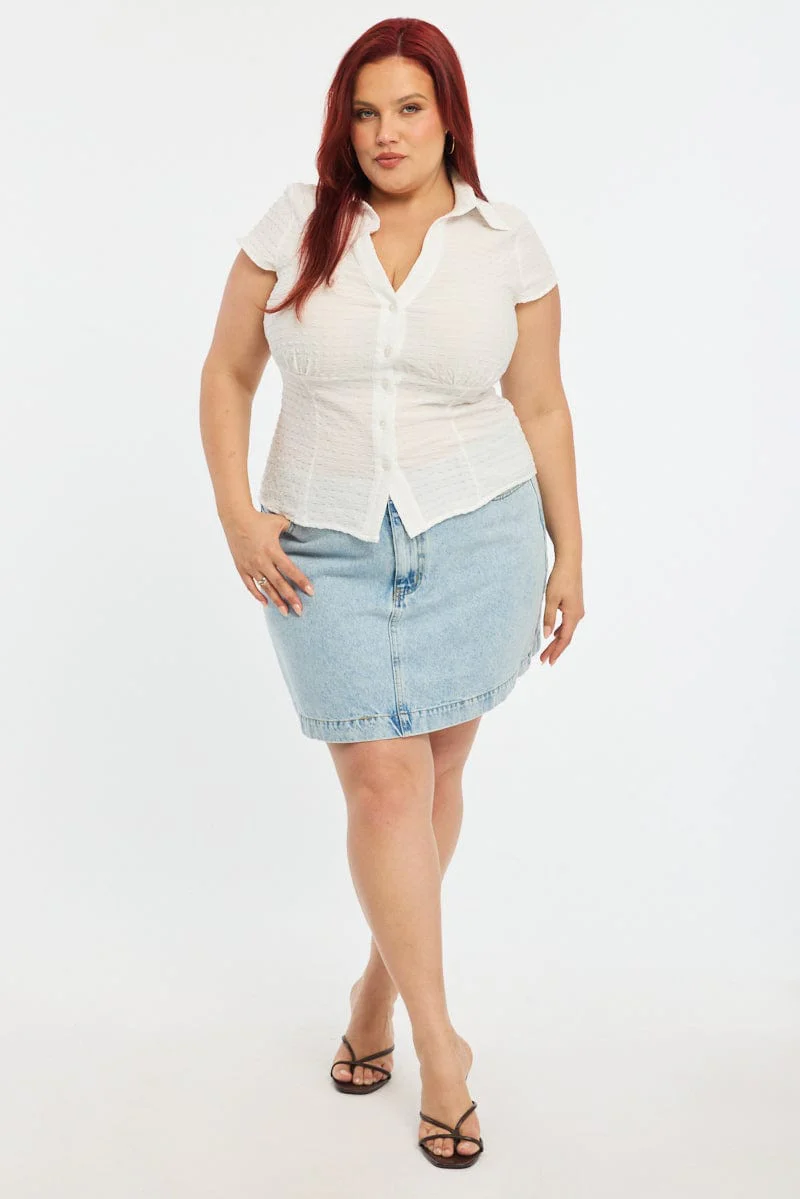 White Fitted Shirt Short Sleeve Textured - Image 2
