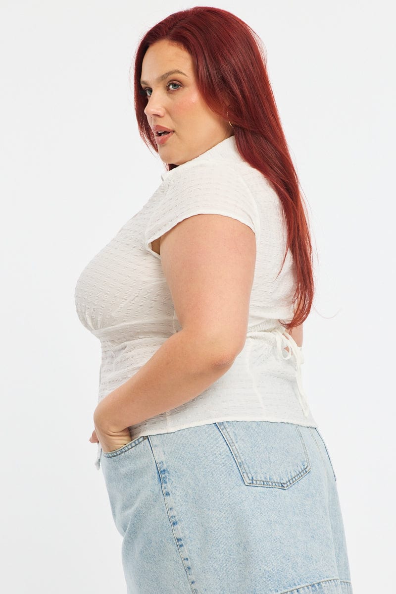 White Fitted Shirt Short Sleeve Textured - Image 3