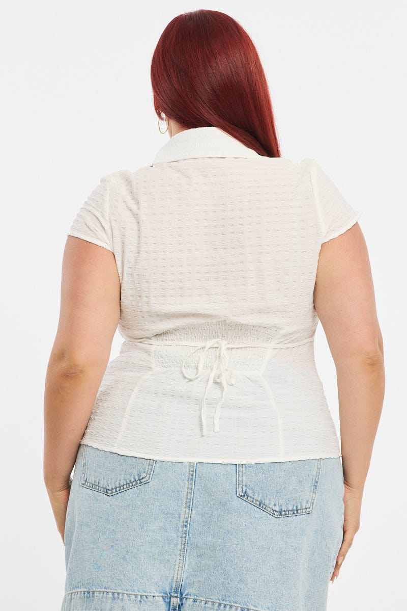White Fitted Shirt Short Sleeve Textured - Image 4