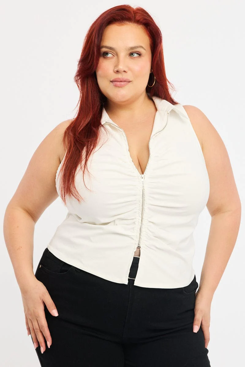 White Fitted Shirt Sleeveless Ruched Bust Zip Front