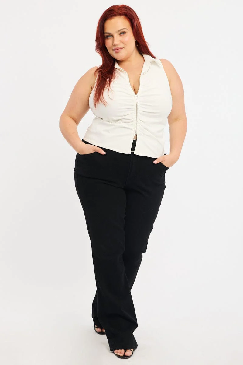 White Fitted Shirt Sleeveless Ruched Bust Zip Front - Image 2