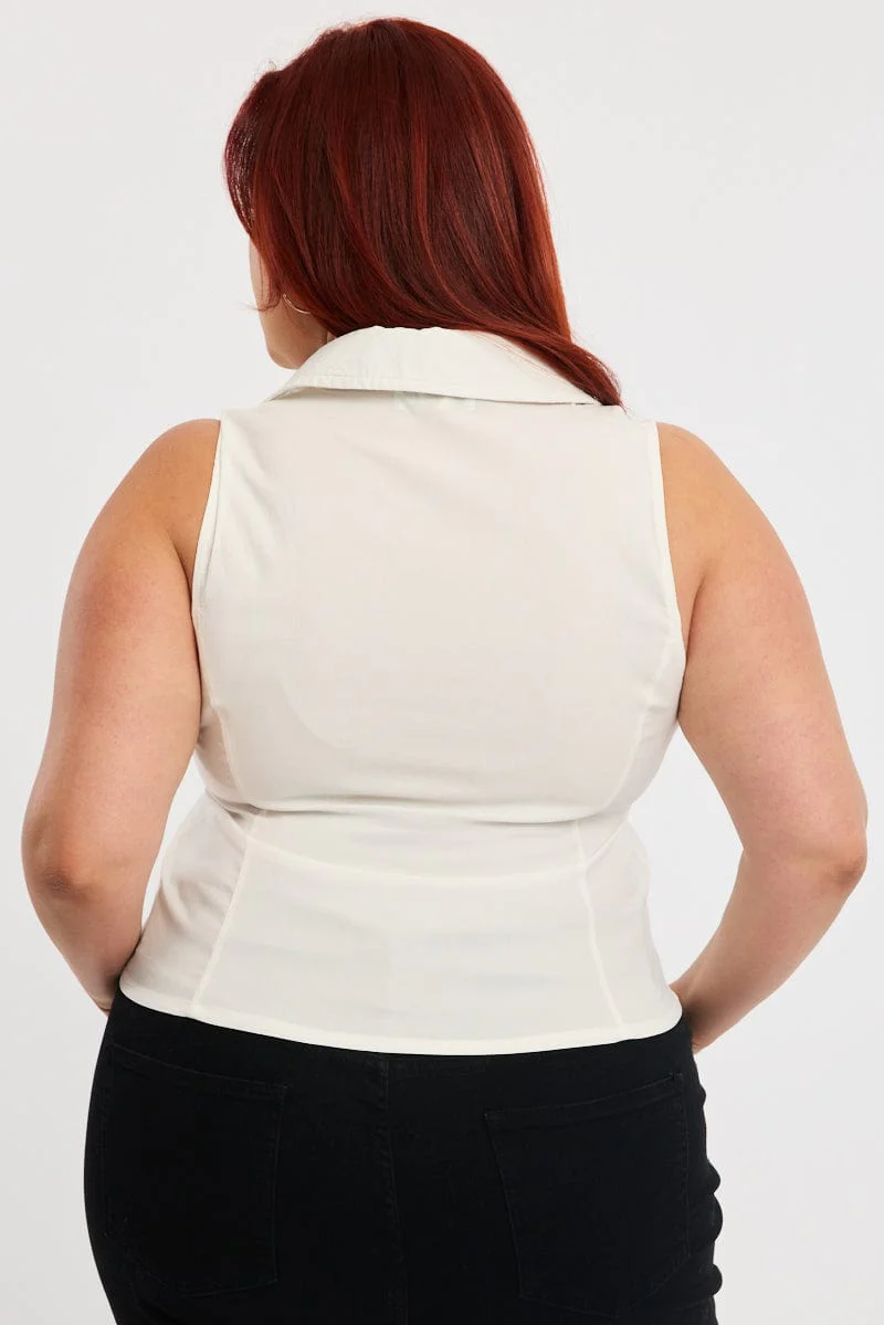 White Fitted Shirt Sleeveless Ruched Bust Zip Front - Image 4