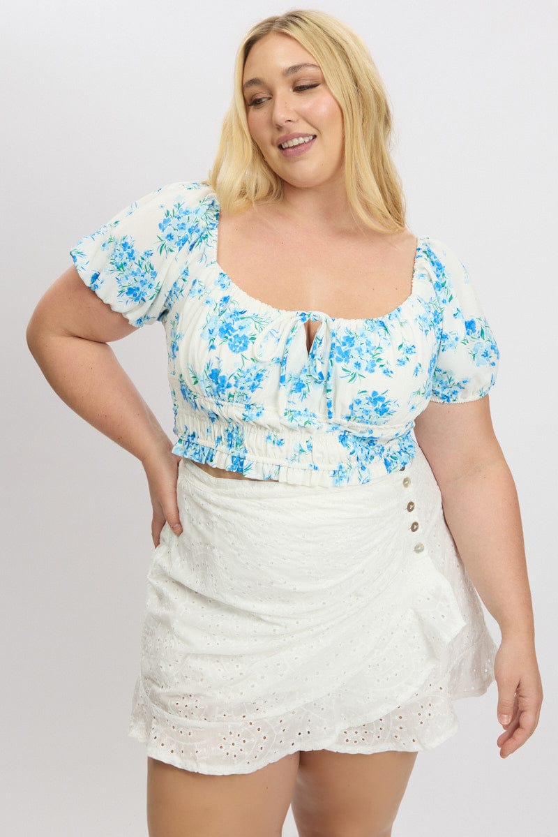 White Floral Crop Top Short Sleeve Ruched