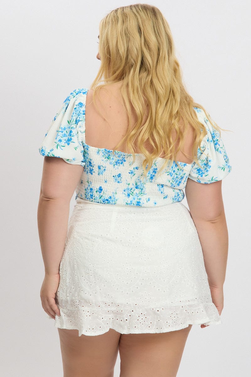 White Floral Crop Top Short Sleeve Ruched - Image 5