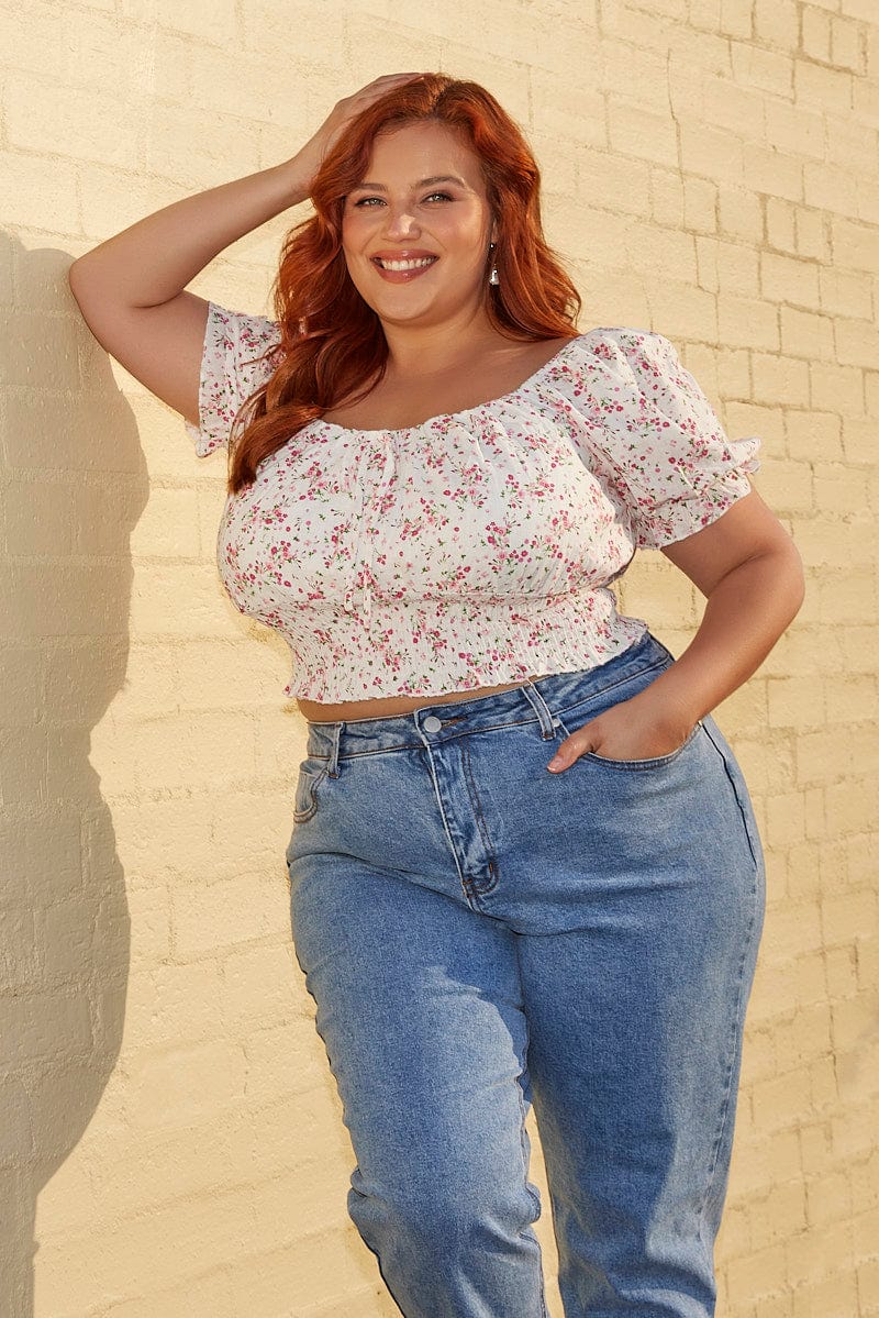 White Floral Crop Top Short Sleeve Shirred Waist