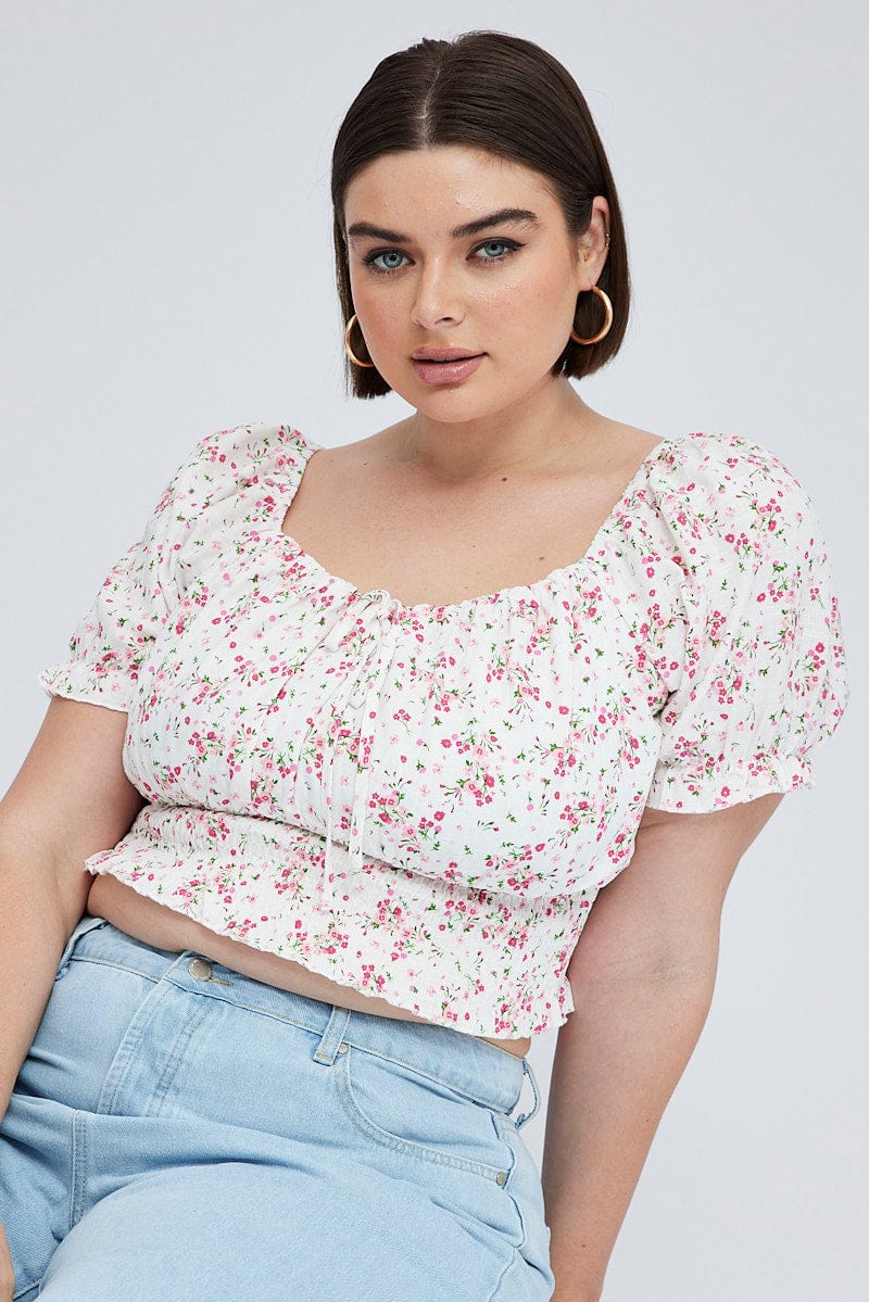 White Floral Crop Top Short Sleeve Shirred Waist - Image 2