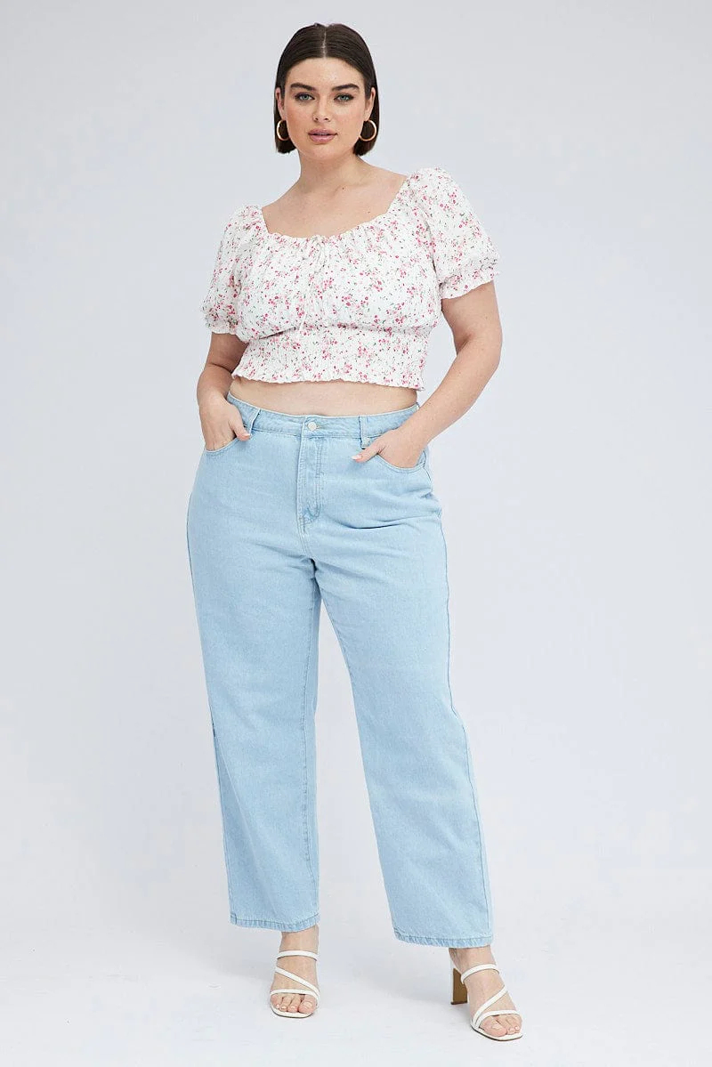 White Floral Crop Top Short Sleeve Shirred Waist - Image 3