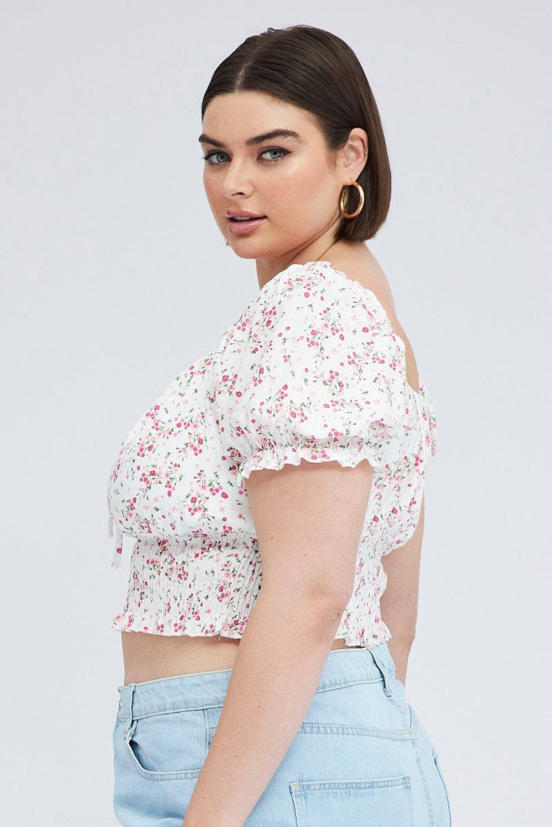 White Floral Crop Top Short Sleeve Shirred Waist - Image 4