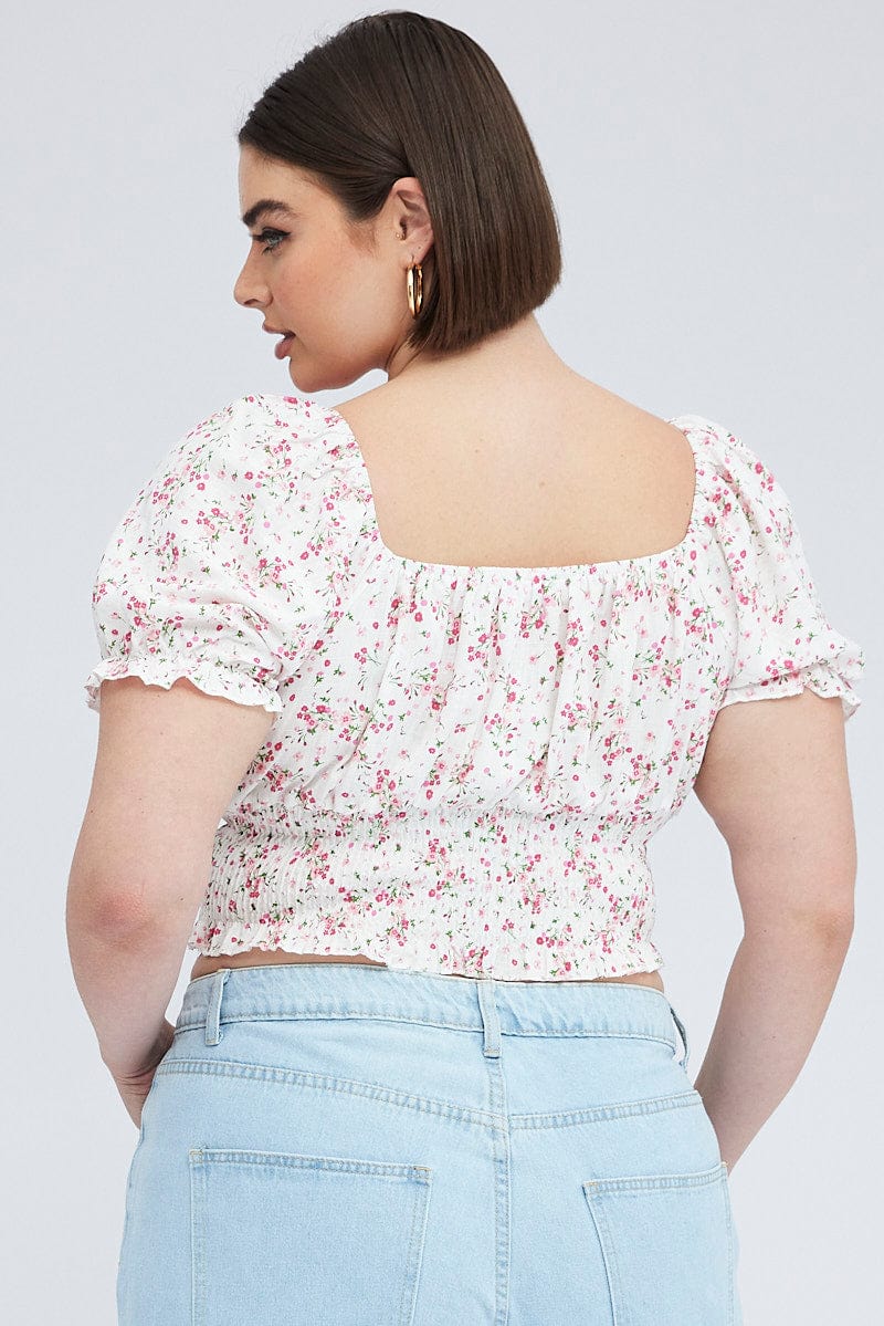 White Floral Crop Top Short Sleeve Shirred Waist - Image 5