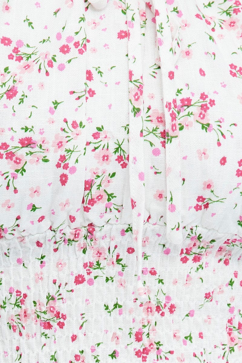 White Floral Crop Top Short Sleeve Shirred Waist - Image 6