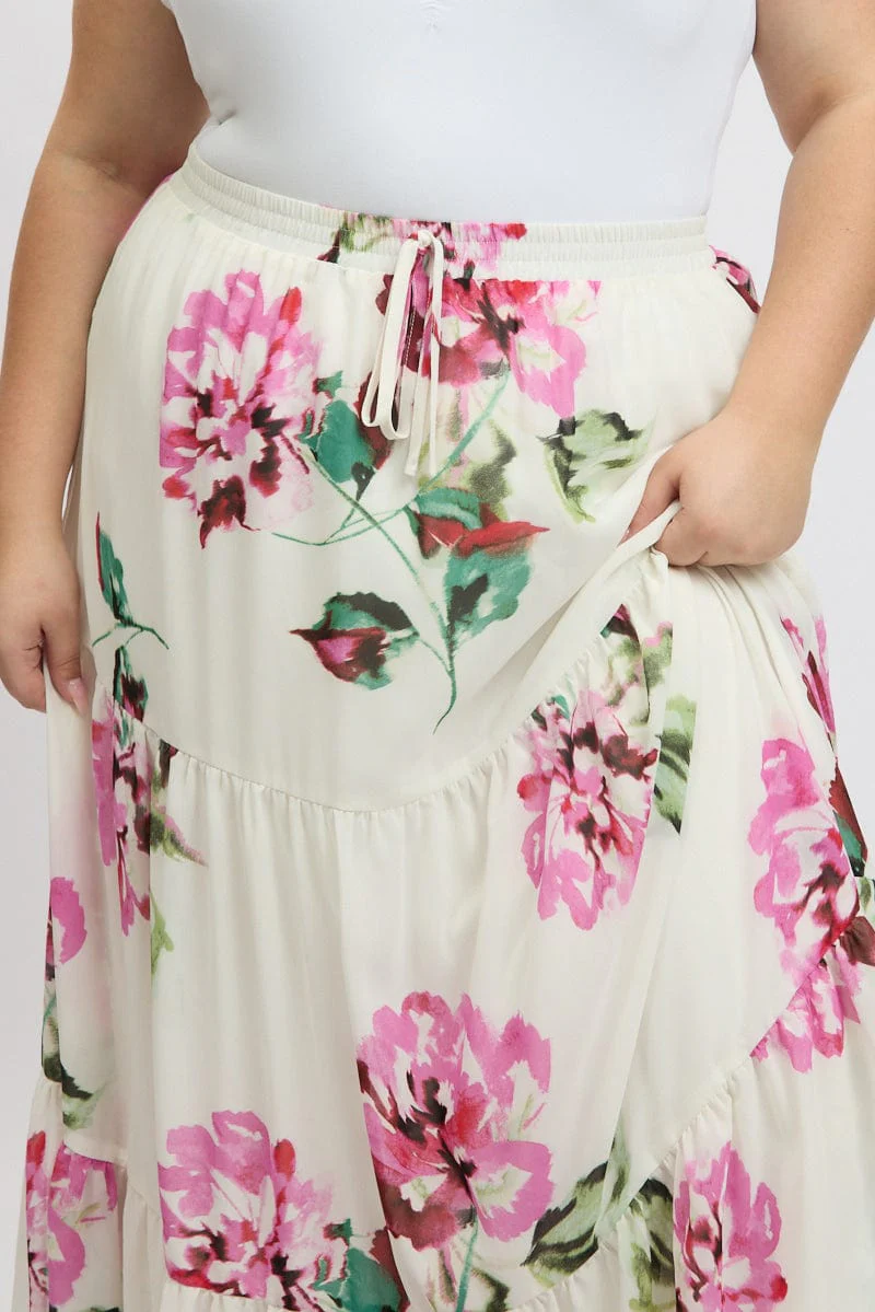 White Floral Elastic Waist Tiered Chiffon Maxiskirt - Image 6