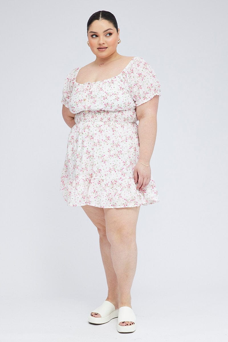 White Floral Fit And Flare Dress Short Sleeve - Image 2