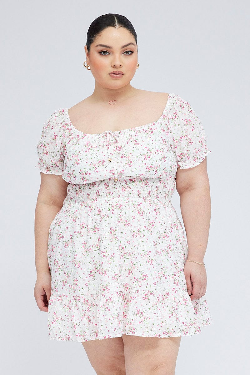 White Floral Fit And Flare Dress Short Sleeve - Image 3