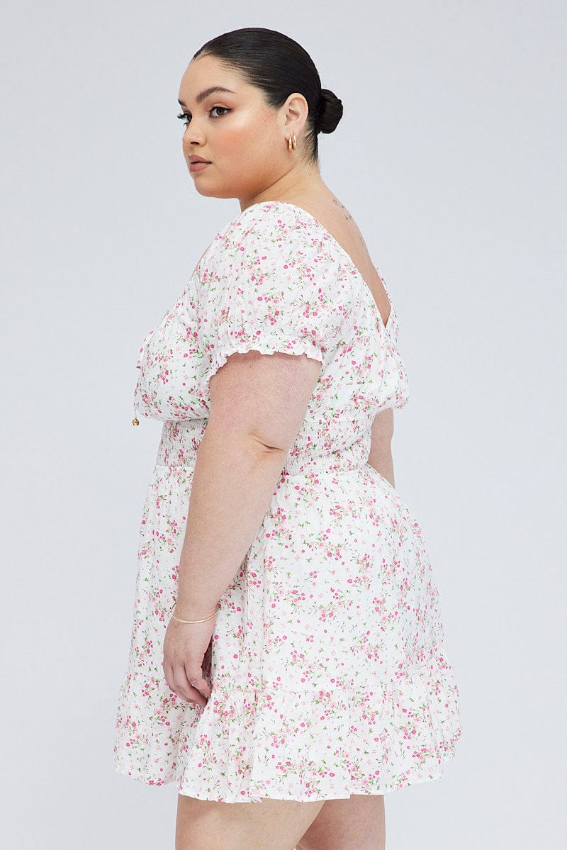 White Floral Fit And Flare Dress Short Sleeve - Image 4