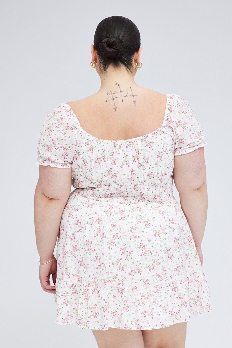 White Floral Fit And Flare Dress Short Sleeve - Image 5