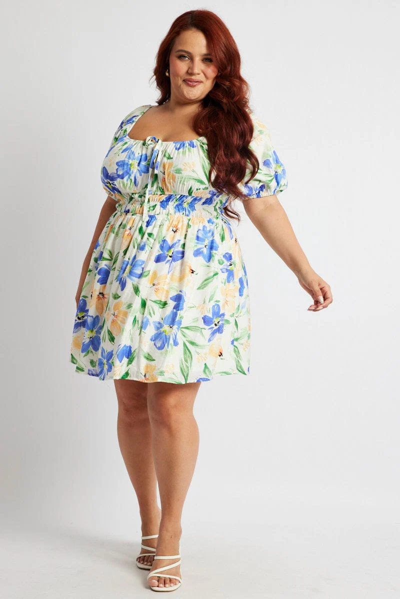 White Floral Fit And Flare Dress Short Sleeve Ruched Bust - Image 2