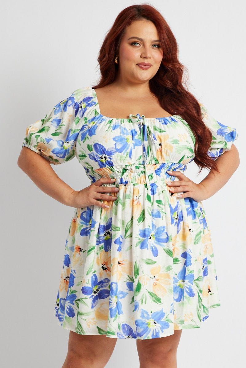 White Floral Fit And Flare Dress Short Sleeve Ruched Bust - Image 3